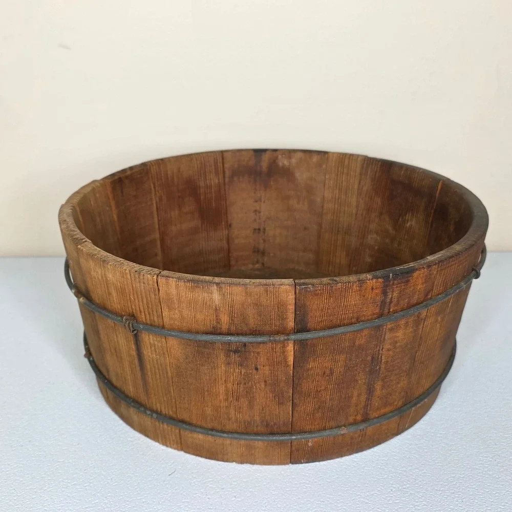 Vintage Wooden Stave Bucket Primitive 11.5x5.5 Brown Rustic Farmhouse Decor